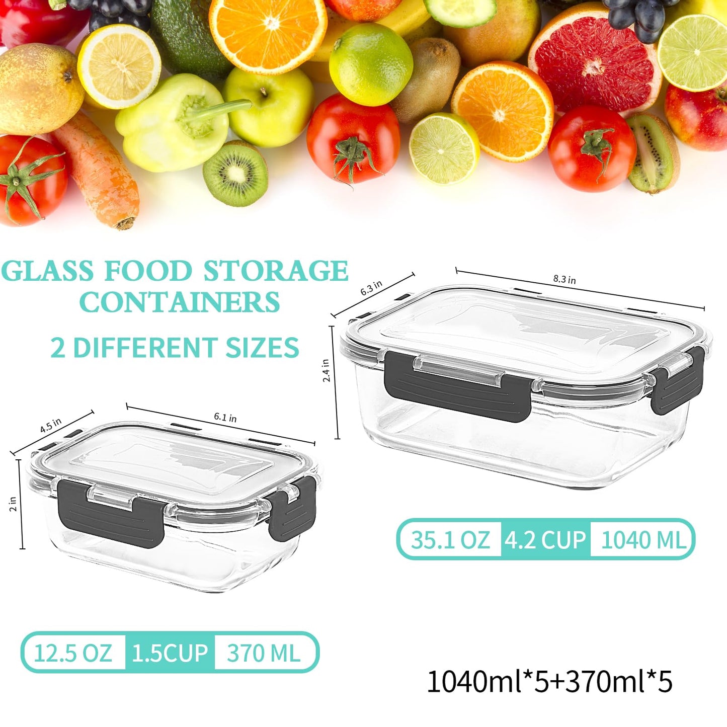 Skroam 10 Pack Glass Food Storage Containers with Lids, Glass Airtight Meal Prep Container Set for Lunch, on the Go, Leftover, Kitchen Pantry Organizers and Storage, BPA Free & Leak Proof